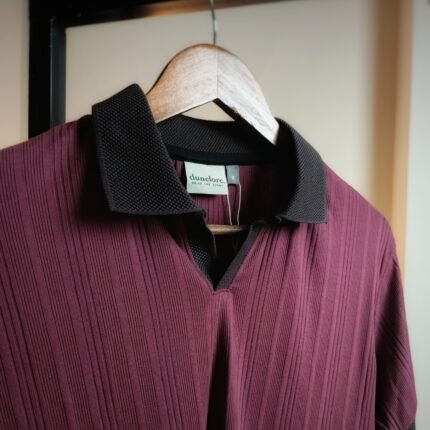 Premium Burgundy Old Money Polo ribbed knit shirt with a contrast dark collar hanging on a wooden hanger