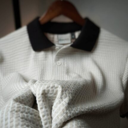 Off White Premium Polo made from premium 210 GSM seersucker fabric with black contrast collar by Dunelore