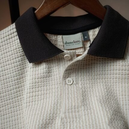 Off White Premium Polo made from premium 210 GSM seersucker fabric with black contrast collar by Dunelore