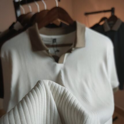 Old Money Polo Shirt for men in off-white with taupe contrast collar made from premium 240 GSM ribbed knit fabric.
