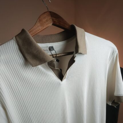 Old Money Polo Shirt for men in off-white with taupe contrast collar made from premium 240 GSM ribbed knit fabric.